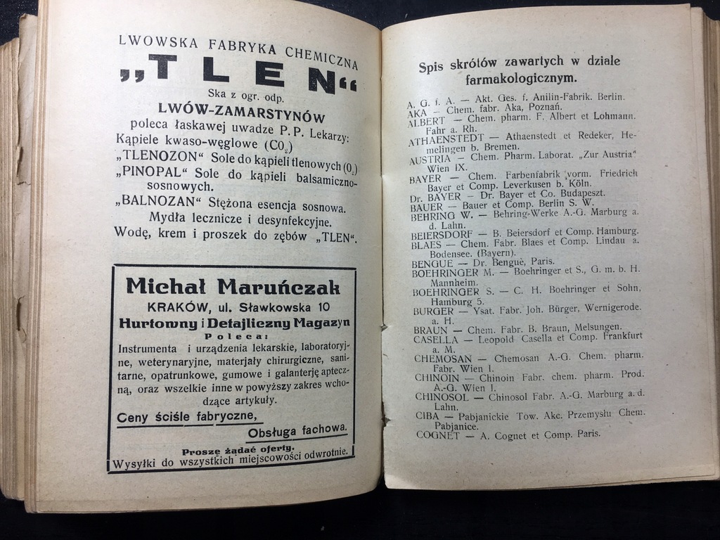 Реклама львівської хімічної фабрики "Tlen" у Польському лікарському календарі, 1928 р