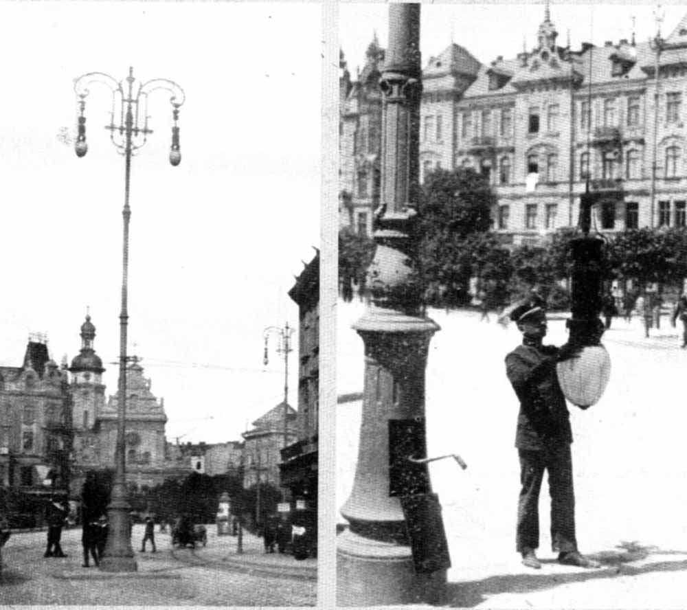 Опора із двома дуговими електричними ліхтарями на пл. Марійській (Міцкевича), а також електромонтер МЗЕ, який проводить заміну вугільних електродів. 1912 р.