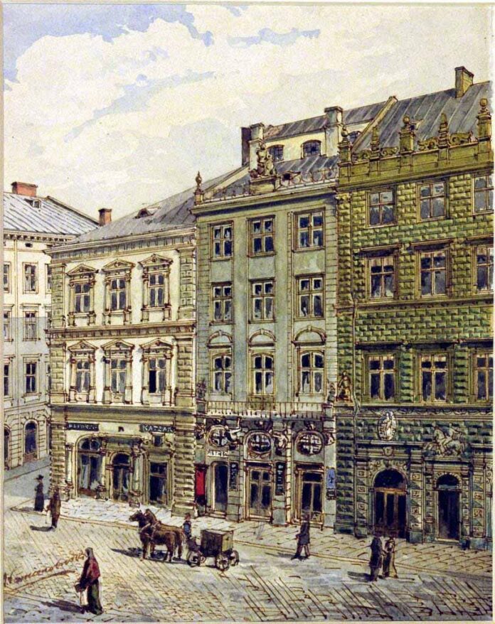 Альфред Каменобродський. Ансамбль будинків східної сторони площі Ринок: Палаццо Бандінеллі, кам’яниця Вільчківська, Чорна кам’яниця. Поч. ХХ ст. Акварель; 25 х 19 см