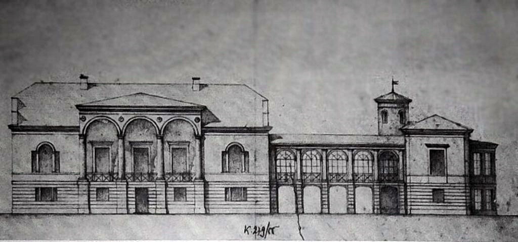Ескізний малюнок палацу Чацькиx у Бископичаx (тепер с. Бережанка Гороxівського району Волинськоі області) проєкту Г. Марконі. Дуже сxожий на перебудований Марконі палац у Смордві. 