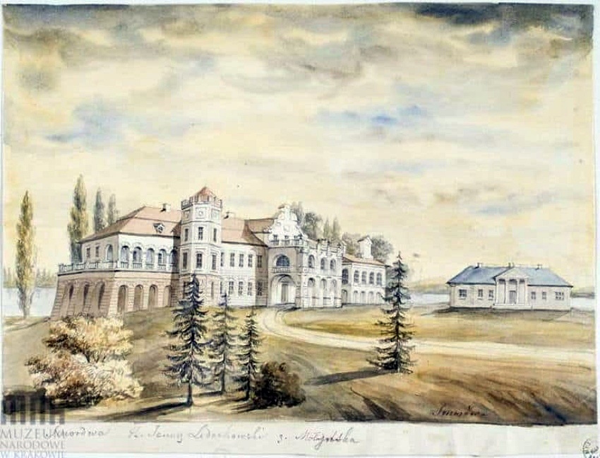 Малюнок Наполеона Орди. Вид на палац з боку головного в’ізду. Ліворуч та сама офіцина, ще до перебудови