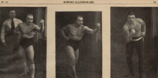 Учасники першого боксерського поєдинку: Тадеуш Бух разом зі своїм тренером Ковальським; Тадеущ Бух та Кароль Сонсяда у бійцівських стійках. Nowości Ilustrowane, 1911 рік