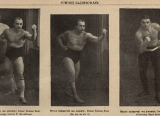 Учасники першого боксерського поєдинку: Тадеуш Бух разом зі своїм тренером Ковальським; Тадеущ Бух та Кароль Сонсяда у бійцівських стійках. Nowości Ilustrowane, 1911 рік