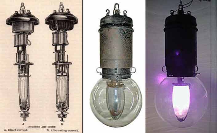 Зліва - ескіз дугової лампи на вугільних електродах конструкції "лампа закритого типу" для постійного та змінного струму. Справа - вдосконалена конструкція 1915 року.
