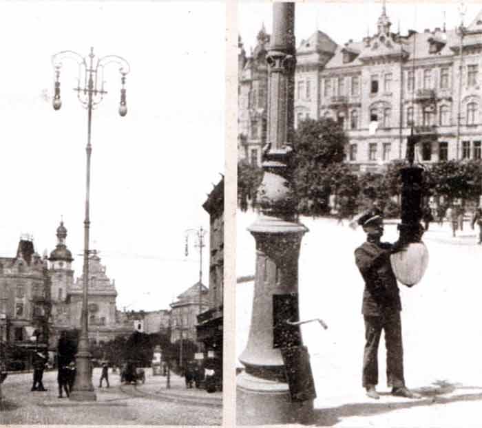 Обслуговування дугового світильника працівником МЗЕ 1912 рік. Source: Андрій Крижанівський