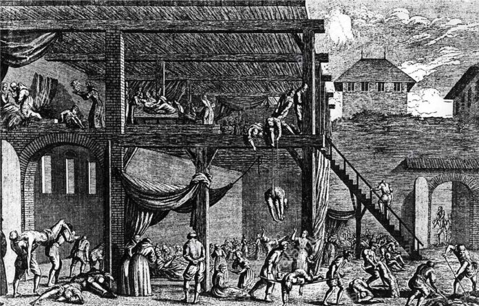 Лазарет заражених мором (чумою). Łucja Charewiczowa «Klęski zaraz w dawnym Lwowie». Lwów 1930