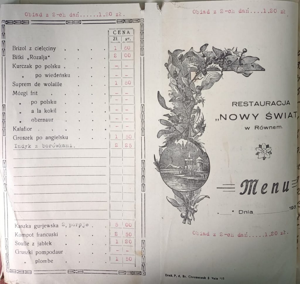 Меню в ресторані “Новий Світ”. Фонди ДАРО