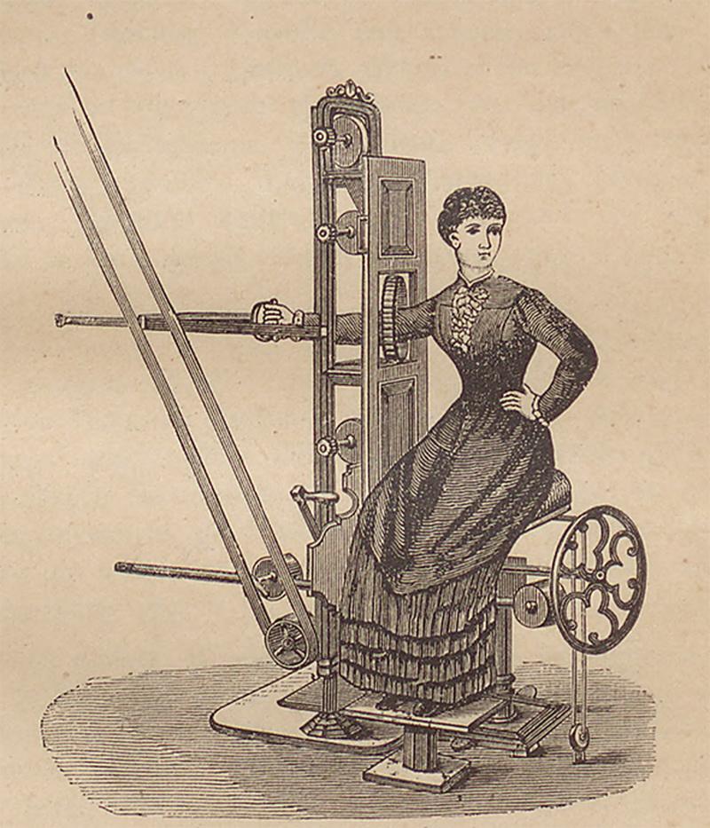 Ілюстрація з книжки «Leczenie ruchowe i mięsienie» («Моторотерапія і масаж») – посібник із мистецтва тогочасного масажу з використанням механічних вібраторів.