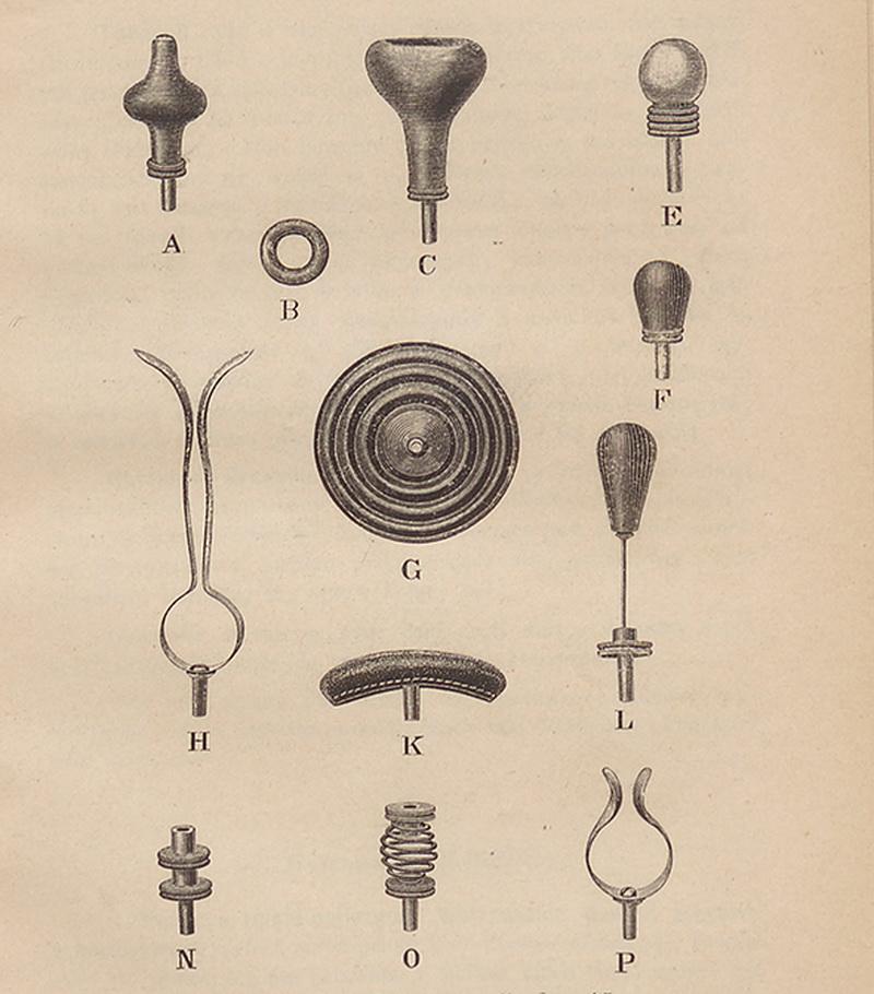 Ілюстрація з книжки «Leczenie ruchowe i mięsienie» («Моторотерапія і масаж») – посібник із мистецтва тогочасного масажу з використанням механічних вібраторів.