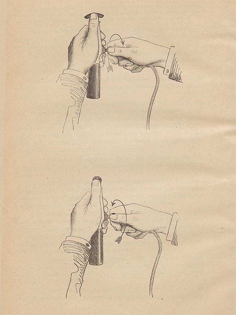 Ілюстрація з книжки «Leczenie ruchowe i mięsienie» («Моторотерапія і масаж») – посібник із мистецтва тогочасного масажу з використанням механічних вібраторів.