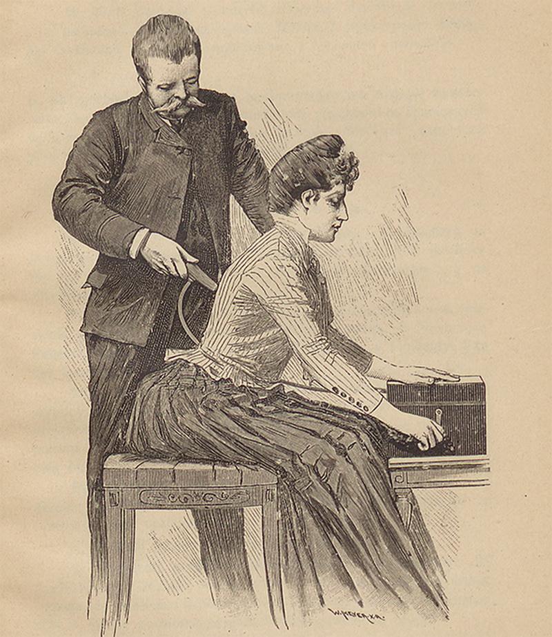 Ілюстрація з книжки «Leczenie ruchowe i mięsienie» («Моторотерапія і масаж») – посібник із мистецтва тогочасного масажу з використанням механічних вібраторів.