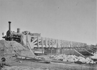 Будівництво залізничного мосту. Галичина, друга половина ХІХ століття. Фондова колекція Львівського історичного музею