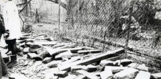 Могили січових стрільців під асфальтом Відкопування залишків потрощених надмогильних хрестів - з могил Січових Стрільців та воїнів УГА на вул. Сахарова. Лютий, 1990 р. Фото: Данило Бічуя