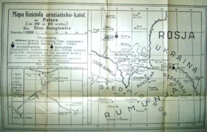 Мапа, підготована Доніґевичем для видання "Вірменська церква в Польщі", 1928 р.