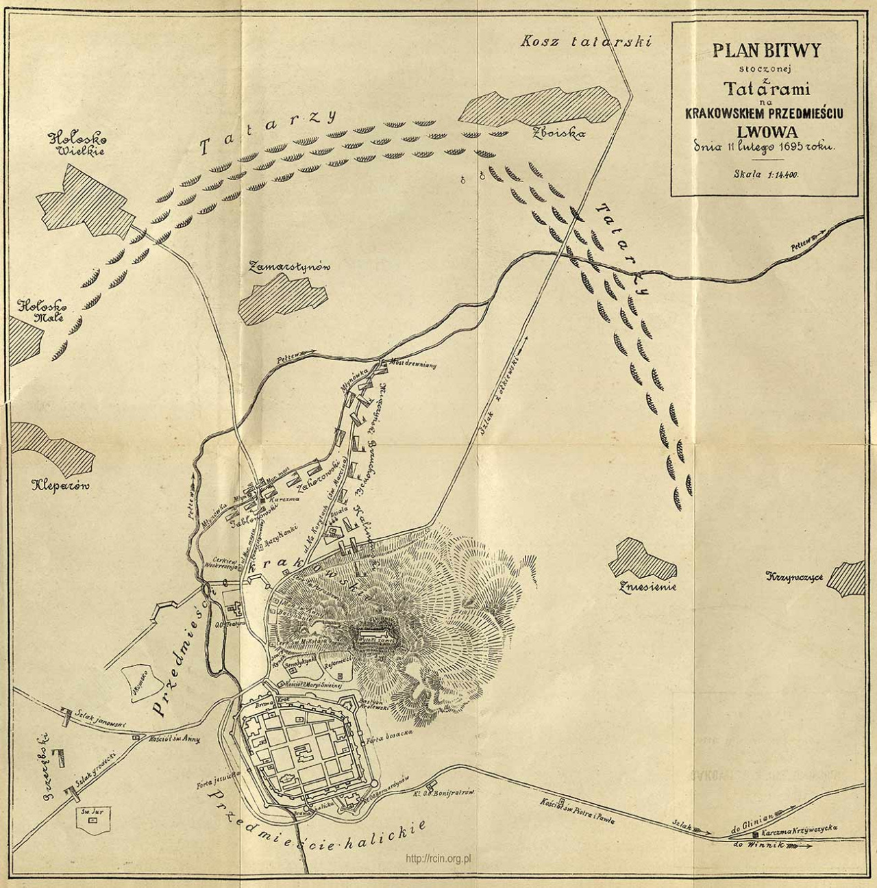 На цій карті позначено місця, з яких татари атакували Львів у лютому 1695 року