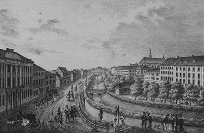 Річка Полтва, яка тече сучасним проспектом Свободи у ЛьвовіЛітографія К. Ауера, 1930-ті рр.