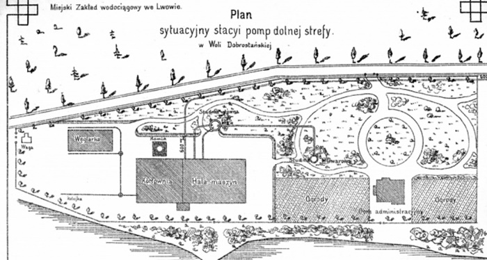 План водозабору в с. Воля Добростанська, спорудженого у 1901 році. Кресленик із брошури С. Александровича "Водогін львівський", 1902 р.