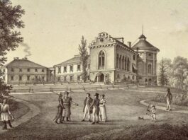 Палац в Рудниках 1820-ті рр . З альбому А.Ланге "Zbiór naypięknieyszych i nayinteresownieyszych okolic w Galicyi: Sammlung der schönsten und interesāntesten Gegenden von Galizien"