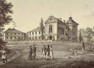 Палац в Рудниках 1820-ті рр . З альбому А.Ланге "Zbiór naypięknieyszych i nayinteresownieyszych okolic w Galicyi: Sammlung der schönsten und interesāntesten Gegenden von Galizien"