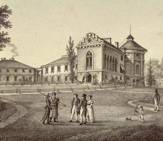 Палац в Рудниках 1820-ті рр . З альбому А.Ланге "Zbiór naypięknieyszych i nayinteresownieyszych okolic w Galicyi: Sammlung der schönsten und interesāntesten Gegenden von Galizien"