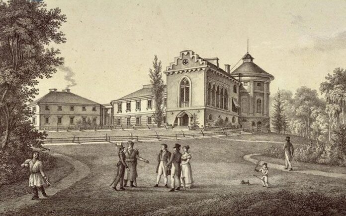 Палац в Рудниках 1820-ті рр . З альбому А.Ланге "Zbiór naypięknieyszych i nayinteresownieyszych okolic w Galicyi: Sammlung der schönsten und interesāntesten Gegenden von Galizien"